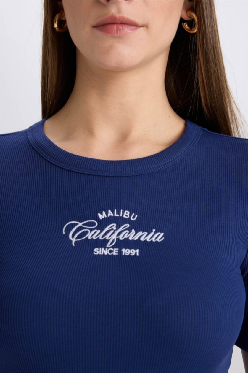 نساء كحلي تيشيرت نص كم مطبوع سليم فيت برقبة مستديرة