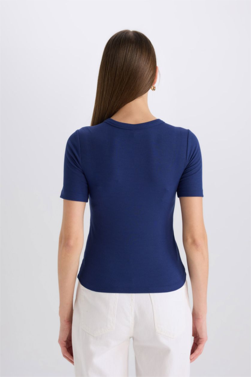 نساء كحلي تيشيرت نص كم مطبوع سليم فيت برقبة مستديرة