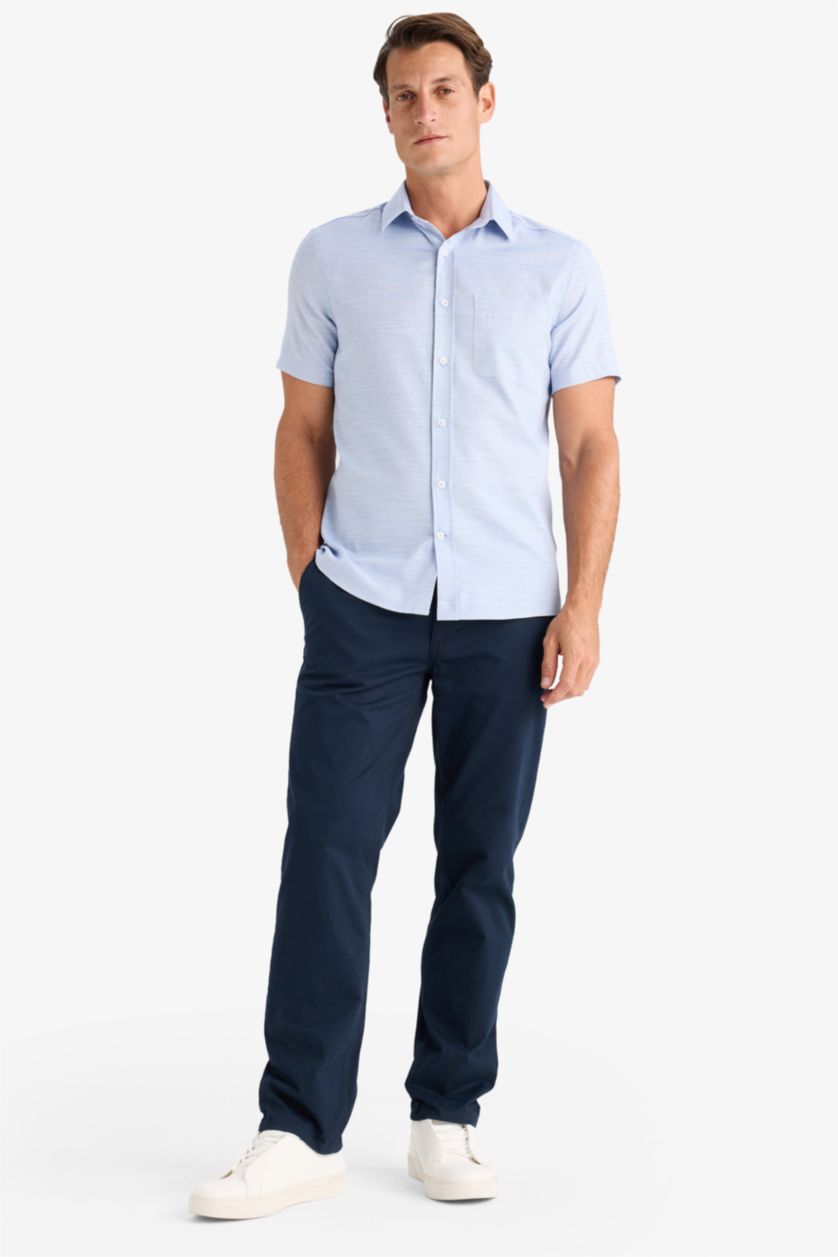 Erkek İndigo Modern Fit Yazlık Polo Yaka Basic Düz Kısa Kollu Gömlek