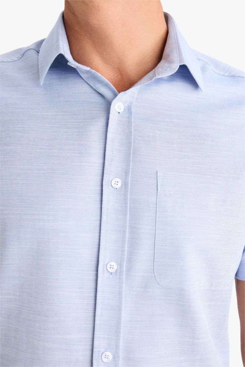 Erkek İndigo Modern Fit Yazlık Polo Yaka Basic Düz Kısa Kollu Gömlek