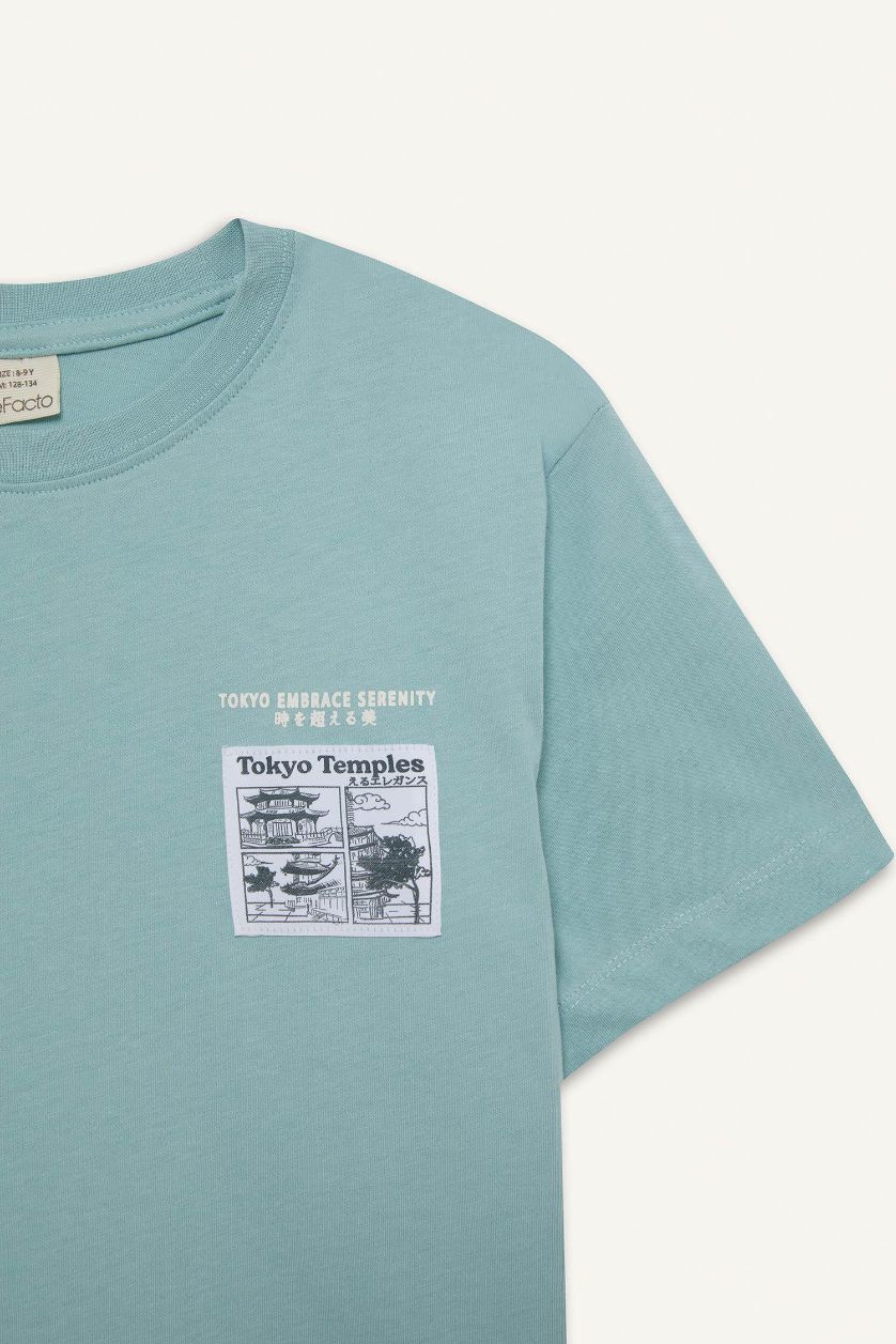 Erkek Çocuk - Genç Erkek Mint Bisiklet Yaka Baskılı Kısa Kollu Tişört Erkek Çocuk