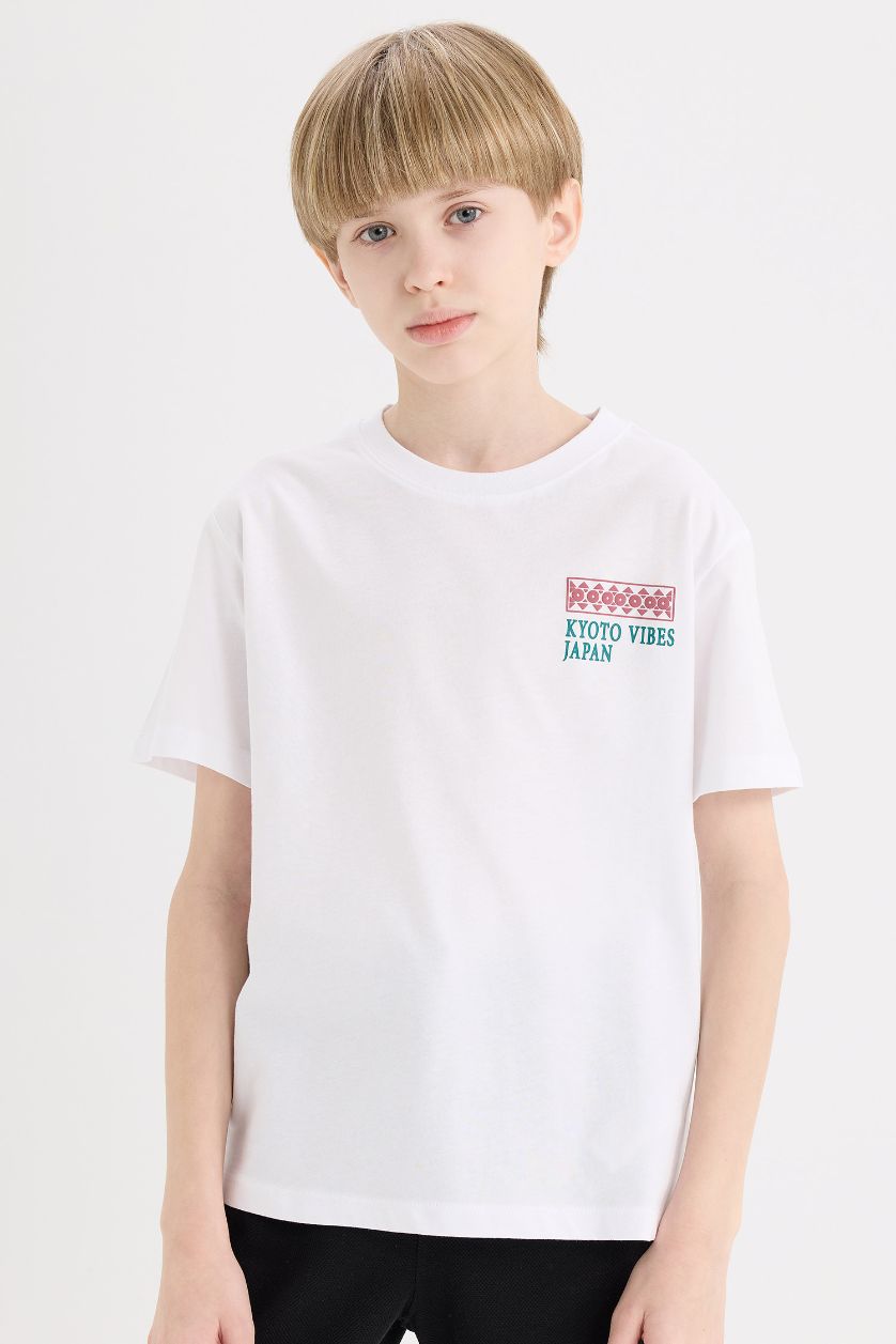 Erkek Çocuk - Genç Erkek Violet Beyaz Bisiklet Yaka Sırt Baskılı Kısa Kollu Tişört Erkek Çocuk