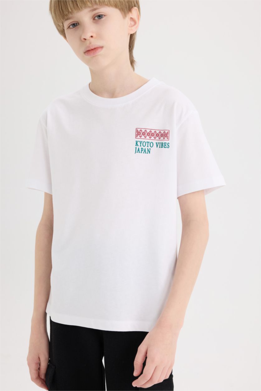 Erkek Çocuk - Genç Erkek Violet Beyaz Bisiklet Yaka Sırt Baskılı Kısa Kollu Tişört Erkek Çocuk