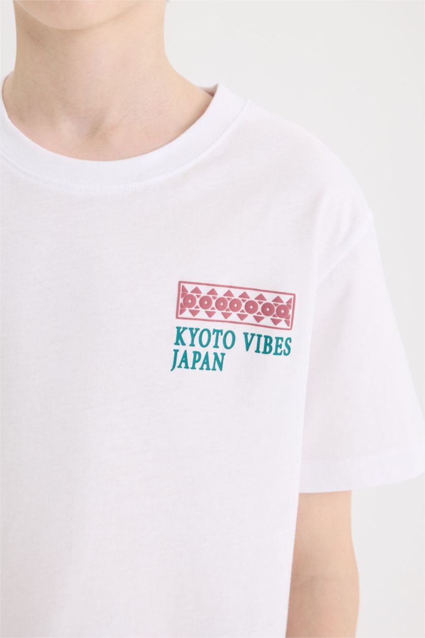 Erkek Çocuk - Genç Erkek Violet Beyaz Bisiklet Yaka Sırt Baskılı Kısa Kollu Tişört Erkek Çocuk