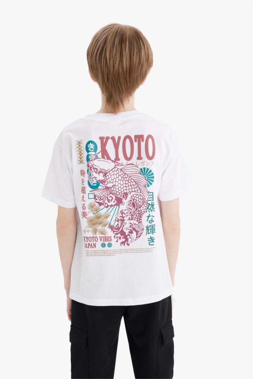 Erkek Çocuk - Genç Erkek Violet Beyaz Bisiklet Yaka Sırt Baskılı Kısa Kollu Tişört Erkek Çocuk