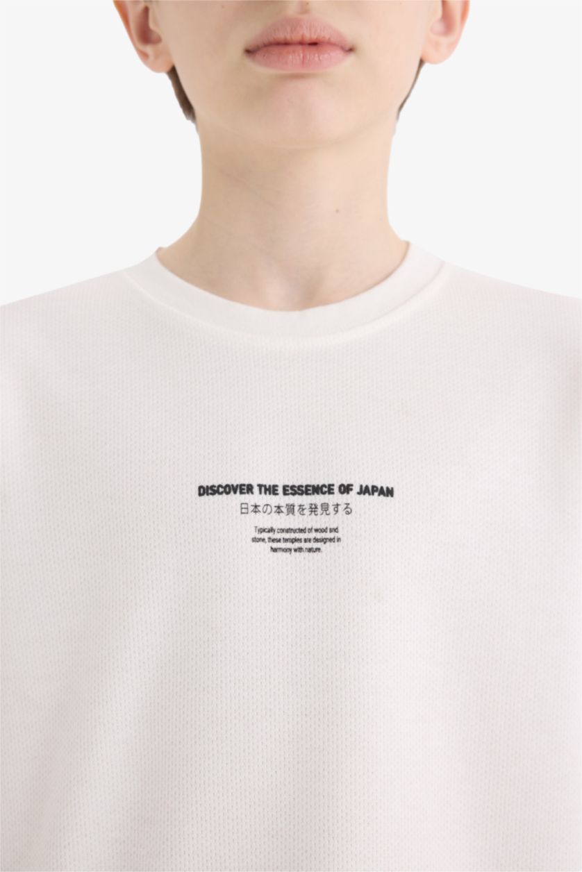 Erkek Çocuk - Genç Erkek Beyaz Bisiklet Yaka Baskılı Kısa Kollu Tişört Erkek Çocuk