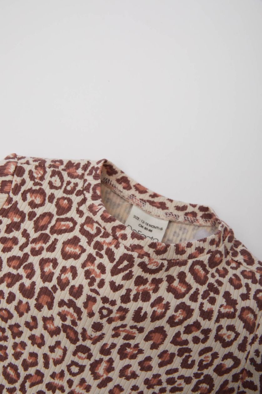 BÉBÉ FILLE Beige T-shirt en maille imprimé léopard à col rond et manches longues pour bébé fille