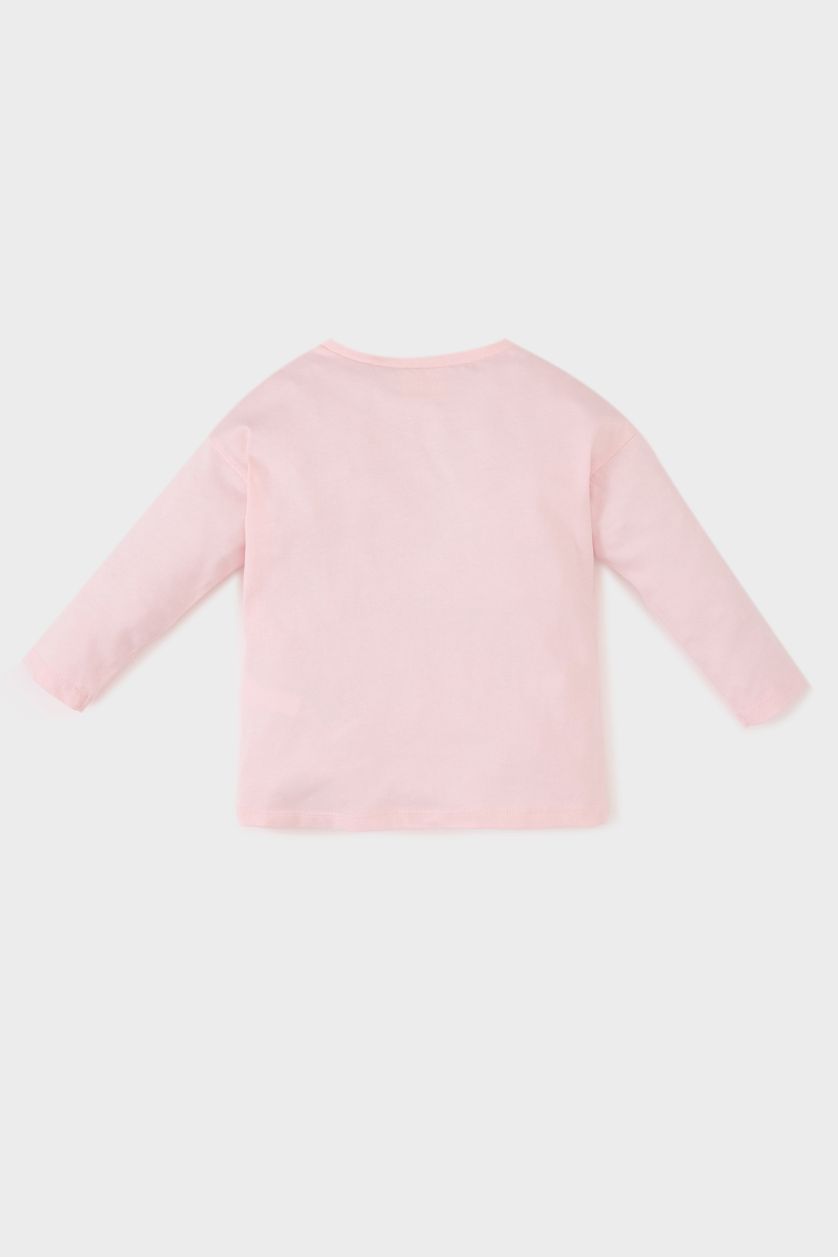 طفلة صغيرة زهري تيشيرت بنات كم طويل مطبوع قصة عادية برقبة مستديرة