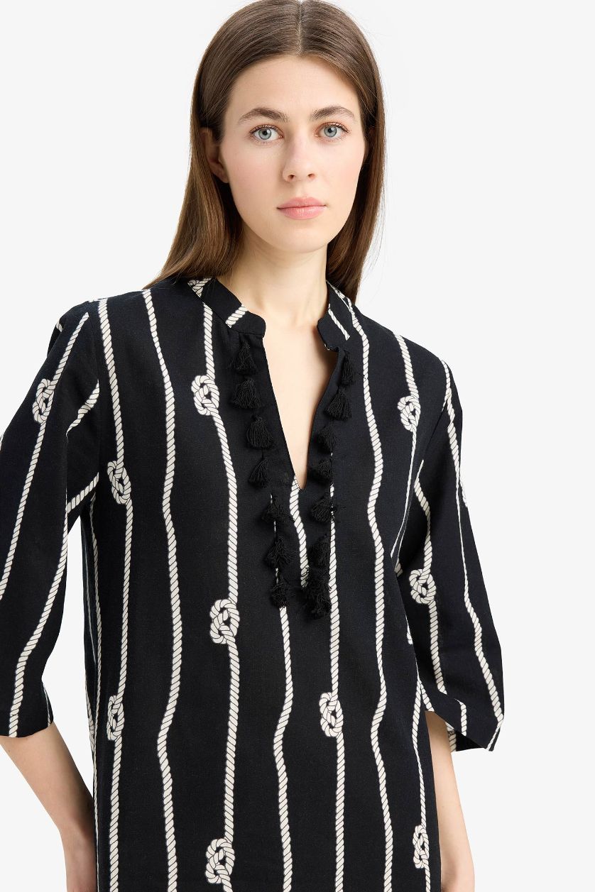 Kadın Siyah Regular Fit Desenli Pamuklu Midi Plaj Elbisesi