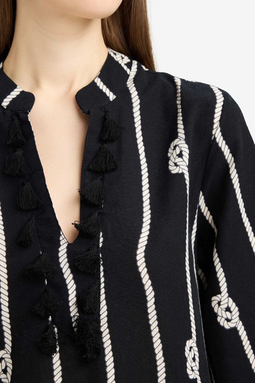 Kadın Siyah Regular Fit Desenli Pamuklu Midi Plaj Elbisesi