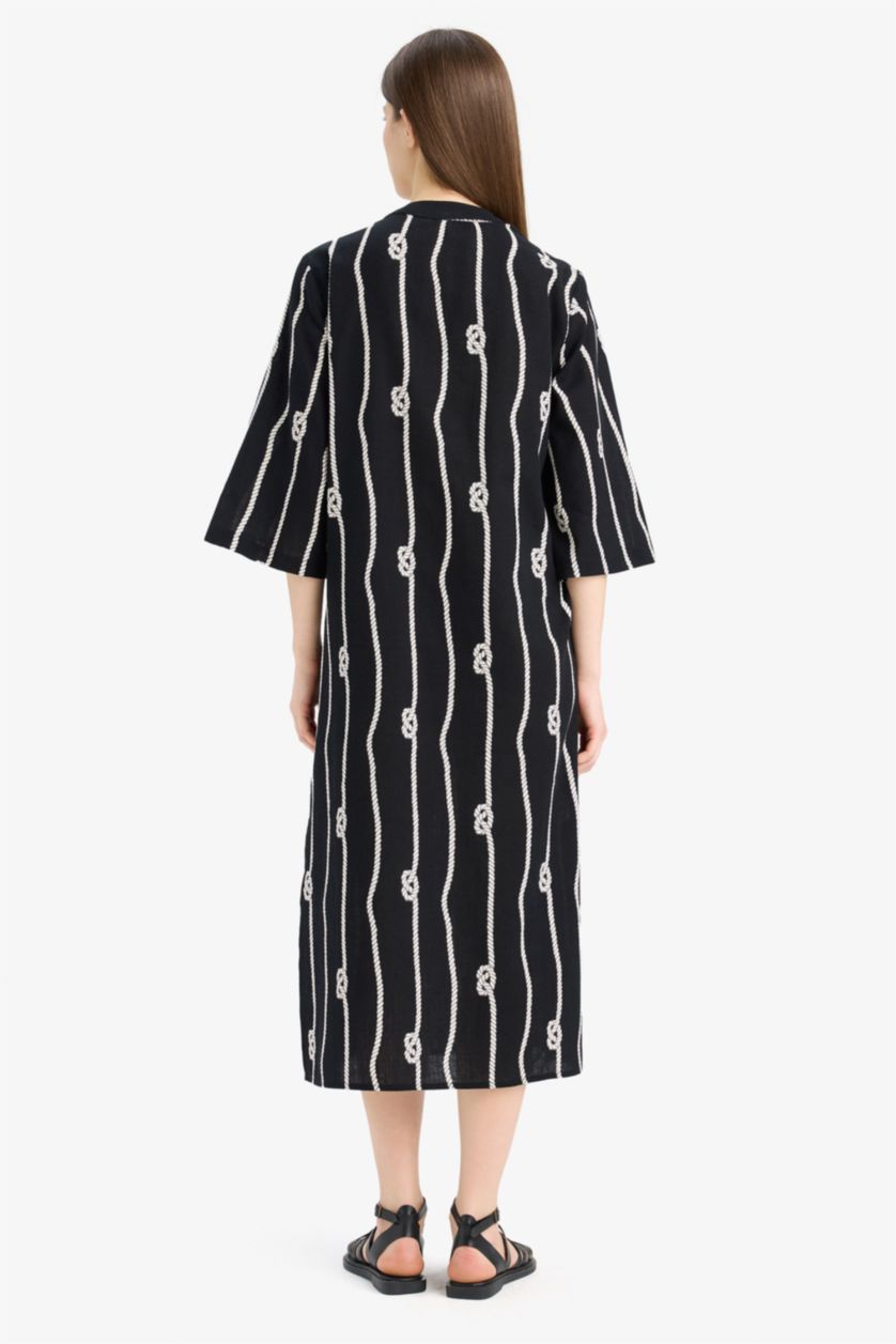 Kadın Siyah Regular Fit Desenli Pamuklu Midi Plaj Elbisesi