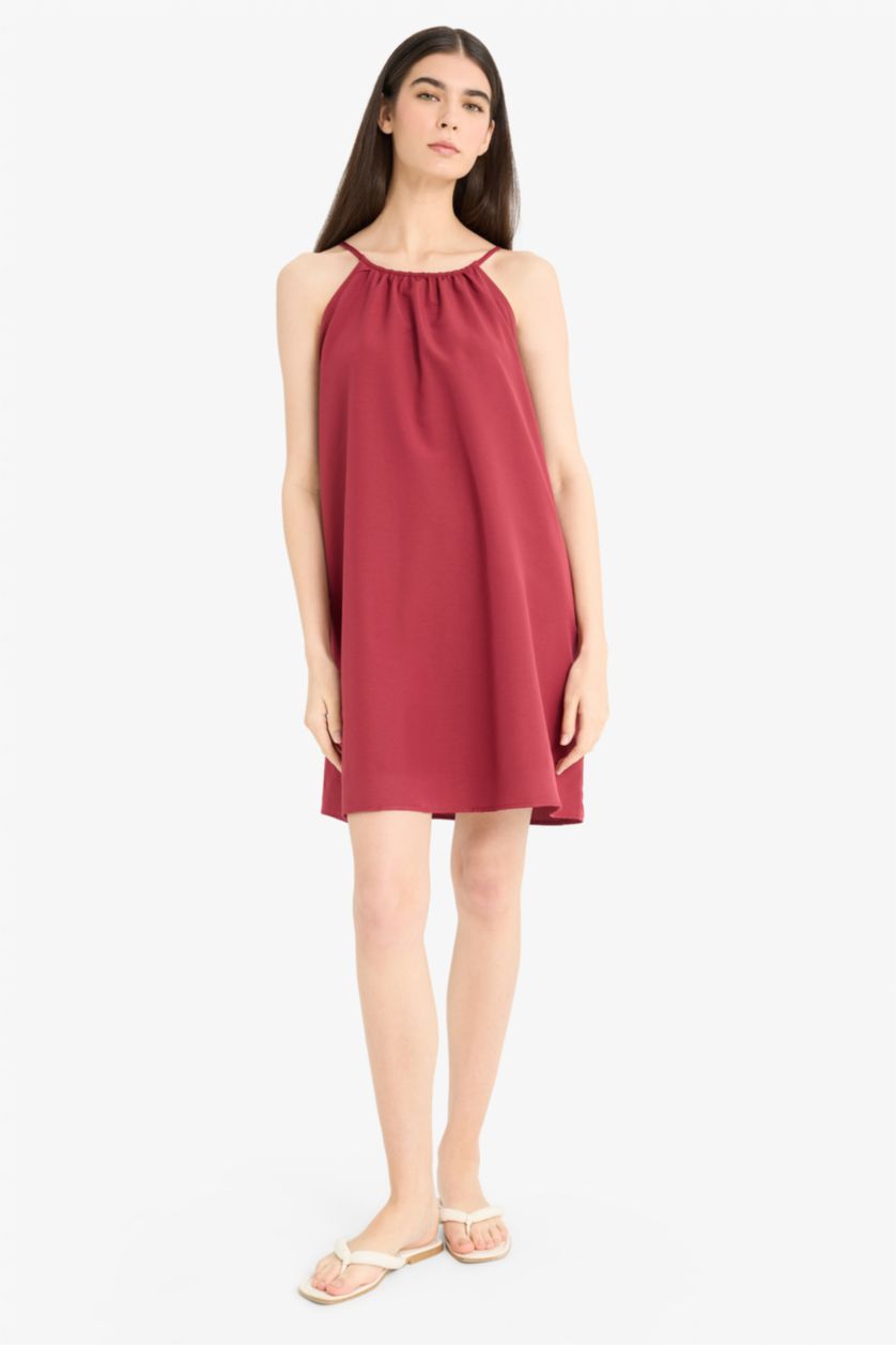 Kadın Bordo Yuvarlak Yaka Terry Cotton Mini Plaj Elbisesi-Fall in Love 