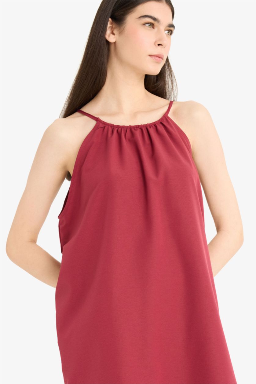 Kadın Bordo Yuvarlak Yaka Terry Cotton Mini Plaj Elbisesi-Fall in Love 