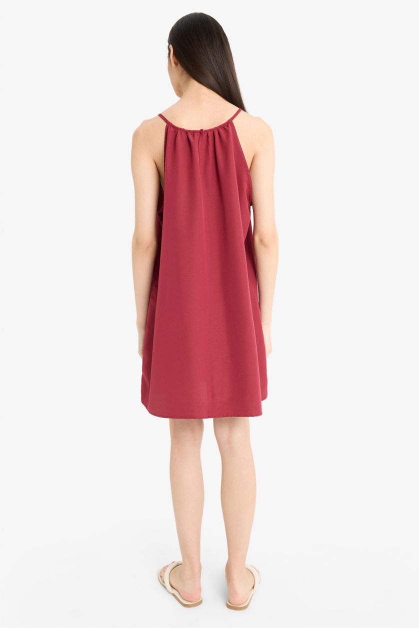 Kadın Bordo Yuvarlak Yaka Terry Cotton Mini Plaj Elbisesi-Fall in Love 