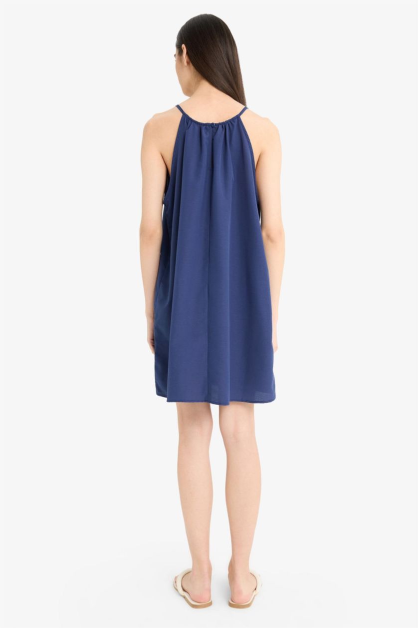 Kadın Lacivert Yuvarlak Yaka Terry Cotton Mini Plaj Elbisesi-Fall in Love 