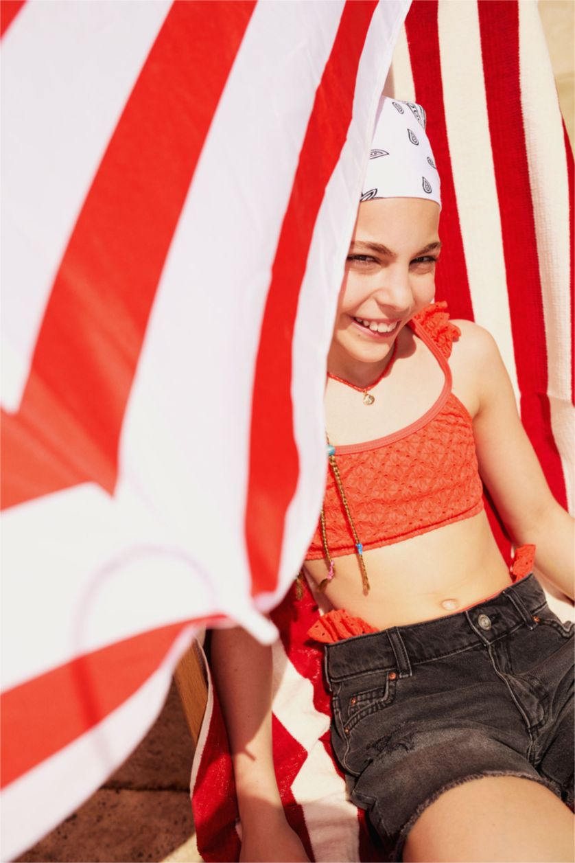 بناتي برتقلي غامق طقم بكيني بناتي مكشكش - قطعتين