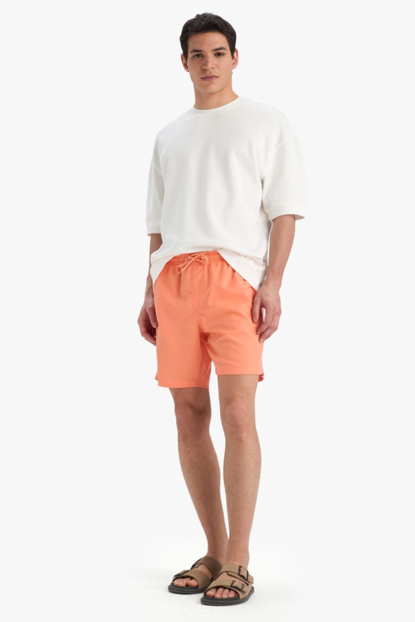 Erkek Somon Regular Fit Kısa Boy Cepli File Astarlı Beli Bağcıklı Düz Hafif Kumaş Deniz Şortu