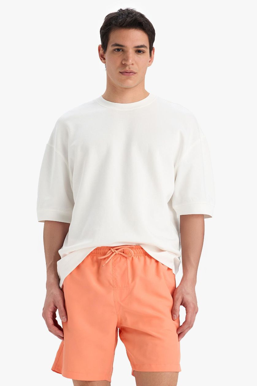 Erkek Somon Regular Fit Kısa Boy Cepli File Astarlı Beli Bağcıklı Düz Hafif Kumaş Deniz Şortu