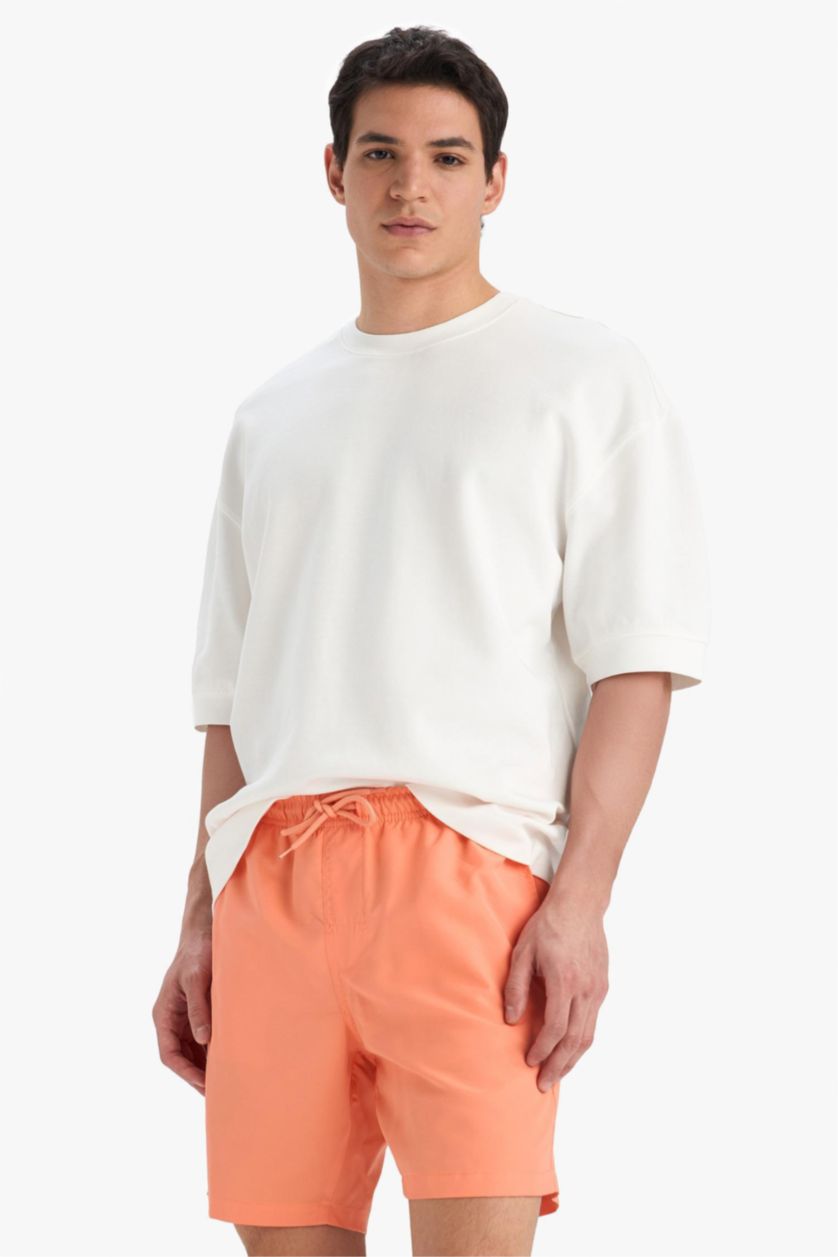 Erkek Somon Regular Fit Kısa Boy Cepli File Astarlı Beli Bağcıklı Düz Hafif Kumaş Deniz Şortu