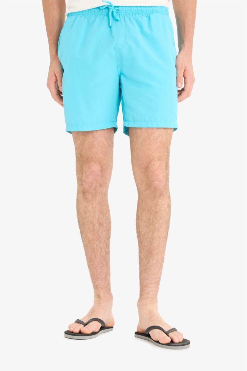 Erkek Deniz Mavisi Regular Fit Kısa Boy Cepli File Astarlı Beli Bağcıklı Düz Hafif Kumaş Deniz Şortu