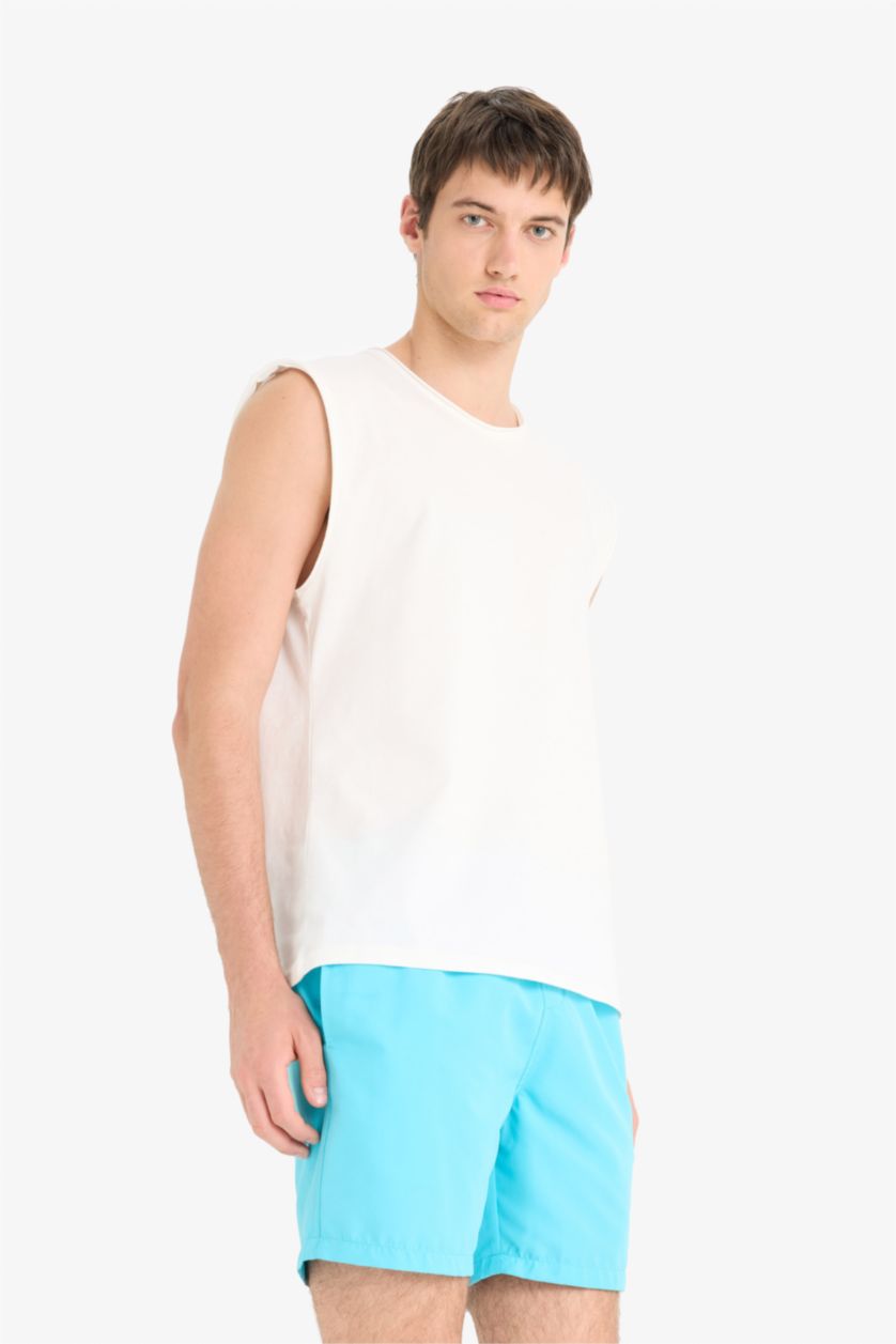 Erkek Deniz Mavisi Regular Fit Kısa Boy Cepli File Astarlı Beli Bağcıklı Düz Hafif Kumaş Deniz Şortu