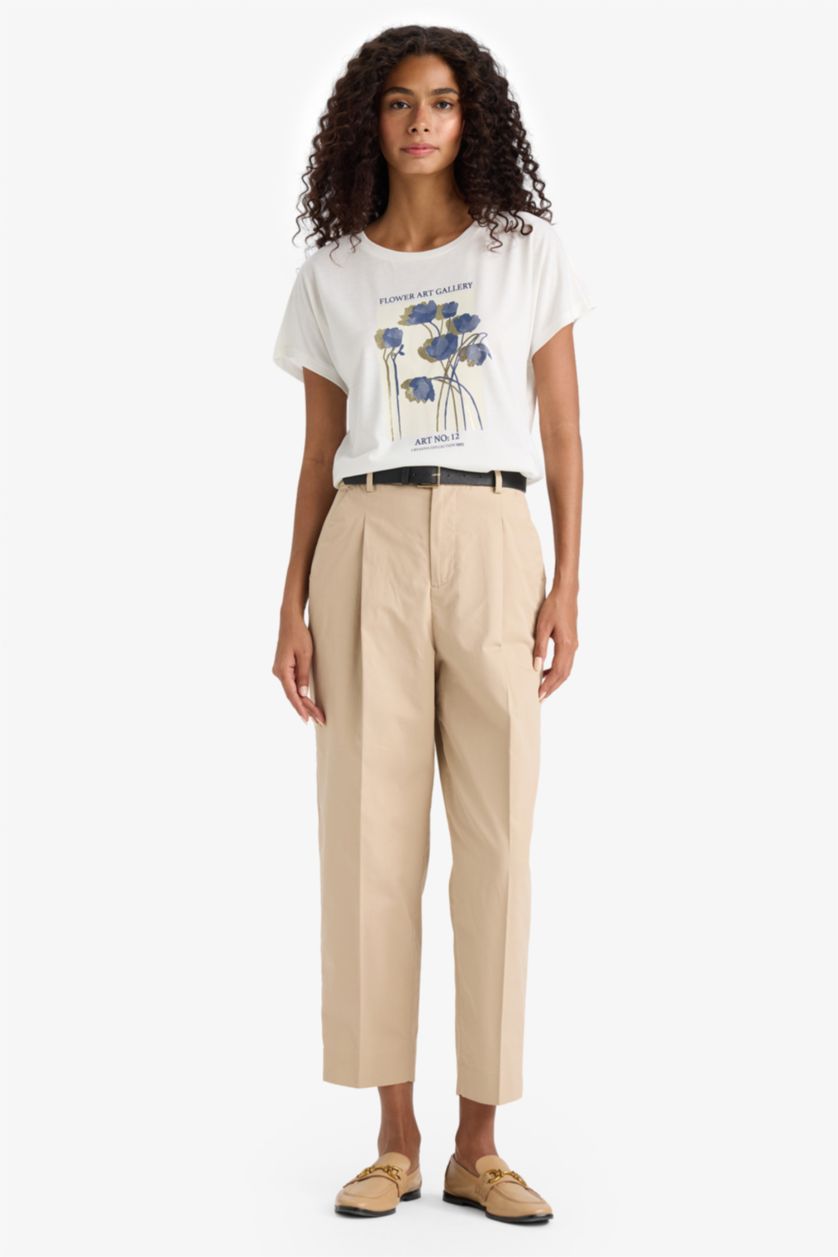 Woman Ecru Crew Neck Floral Print Short Sleeve T-Shirt