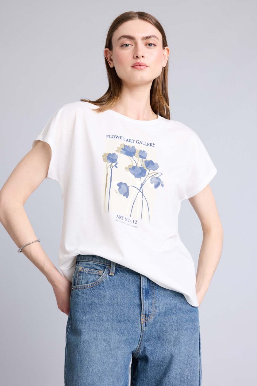 Kadın Ekru Kısa kollu Çiçek Desenli Tişört