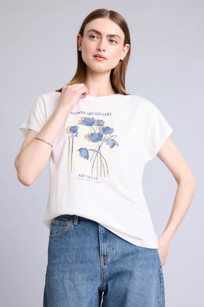 Kadın Ekru Kısa kollu Çiçek Desenli Tişört