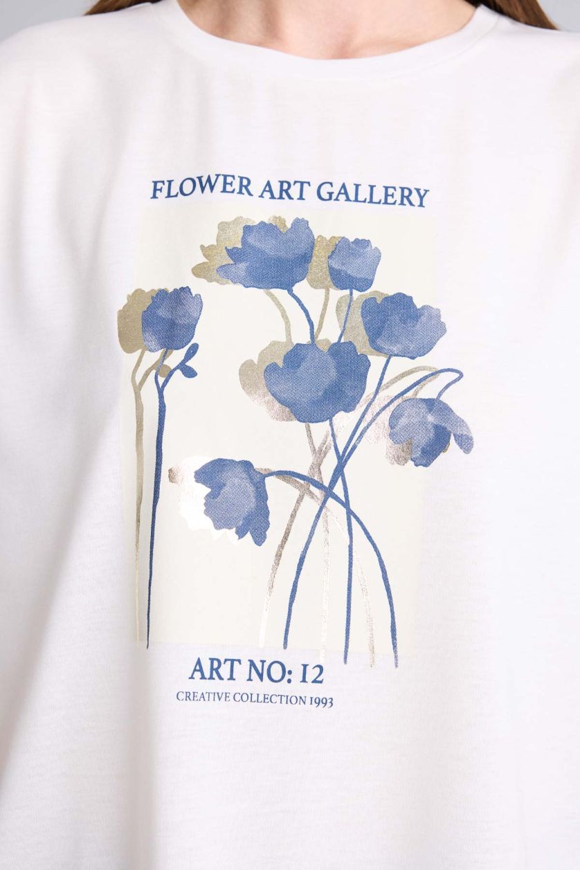 Kadın Ekru Kısa kollu Çiçek Desenli Tişört