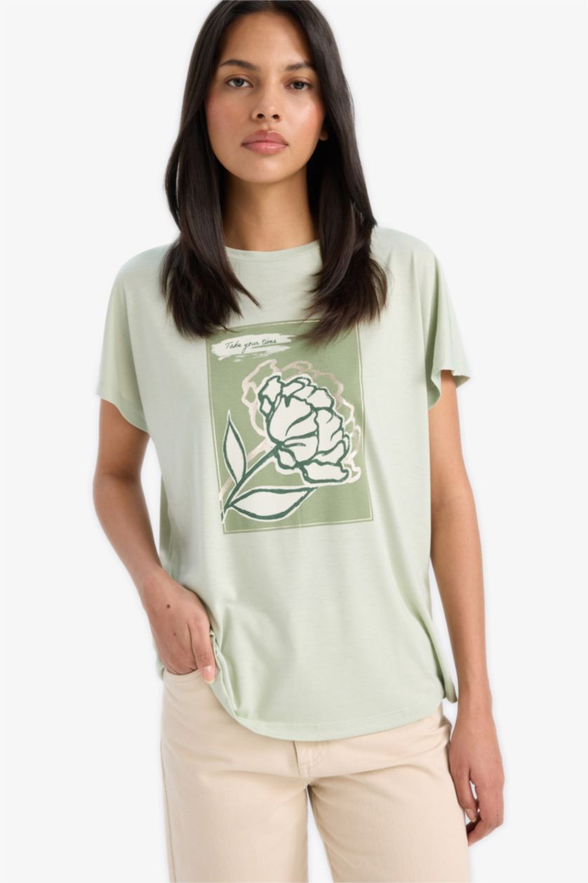 Kadın Mint Bisiklet Yaka Çiçek Baskılı Kısa Kollu Tişört