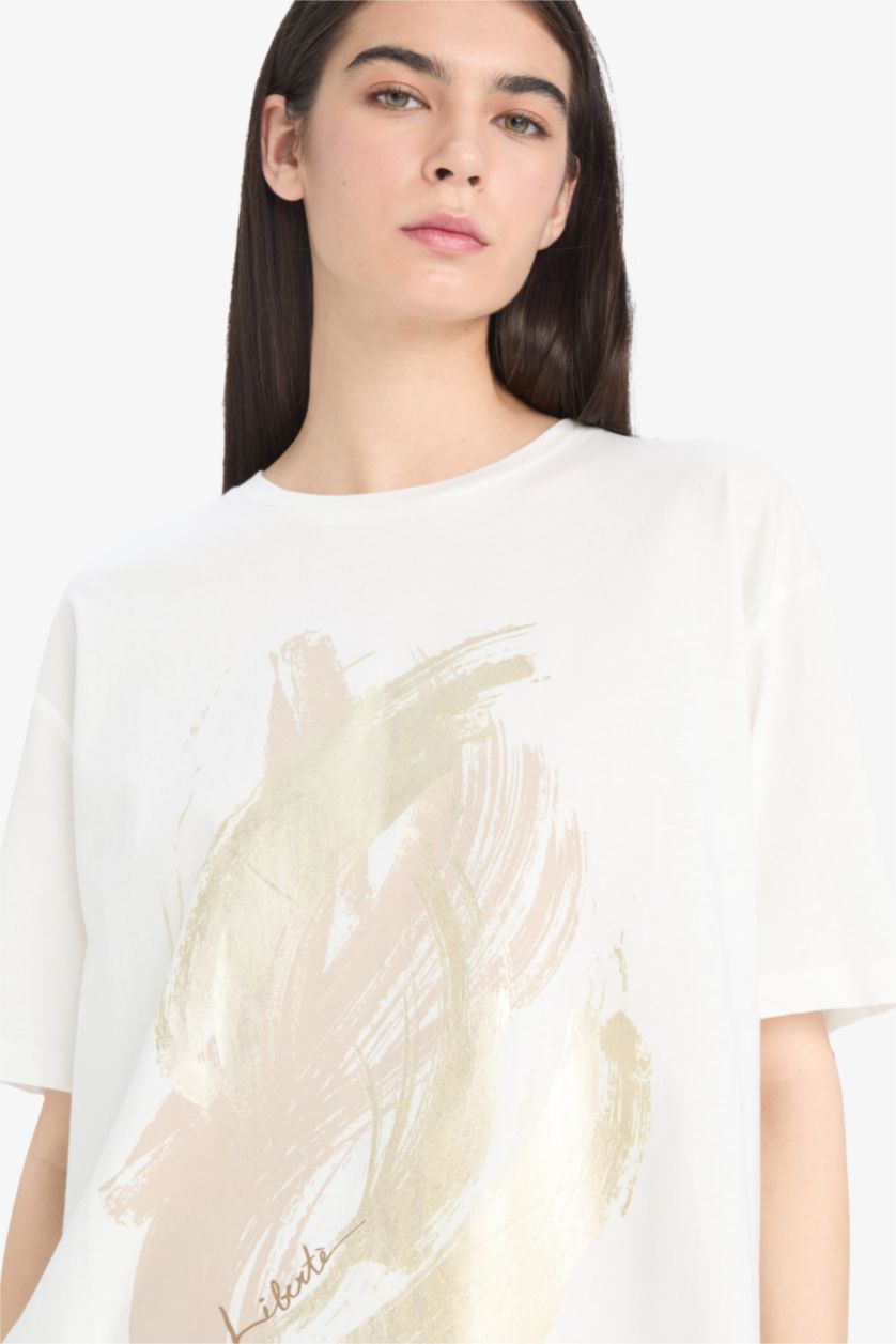 Kadın Ekru %100 Pamuk Regular Fıt Baskılı Penye Tişört