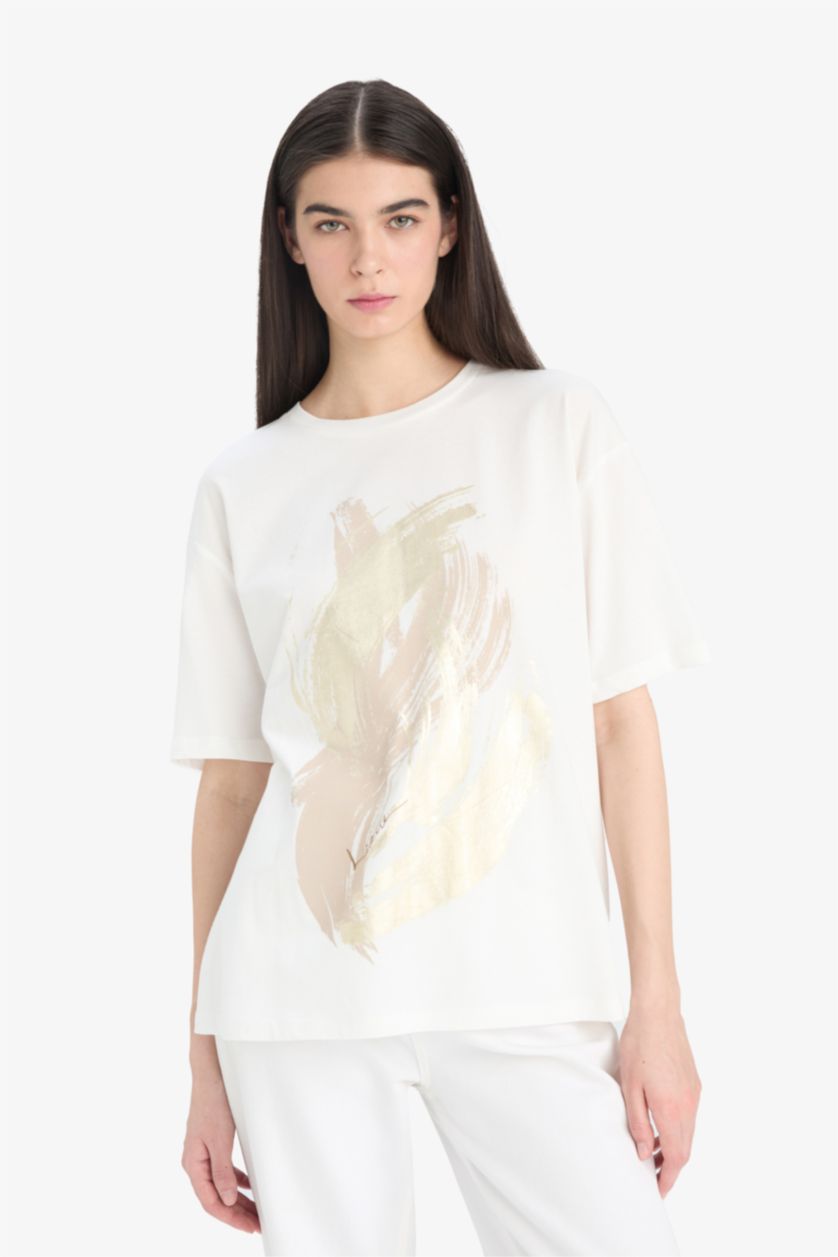 Kadın Ekru %100 Pamuk Regular Fıt Baskılı Penye Tişört