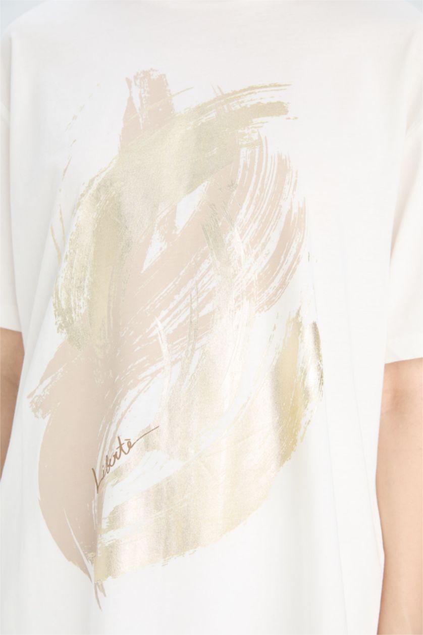 Kadın Ekru %100 Pamuk Regular Fıt Baskılı Penye Tişört