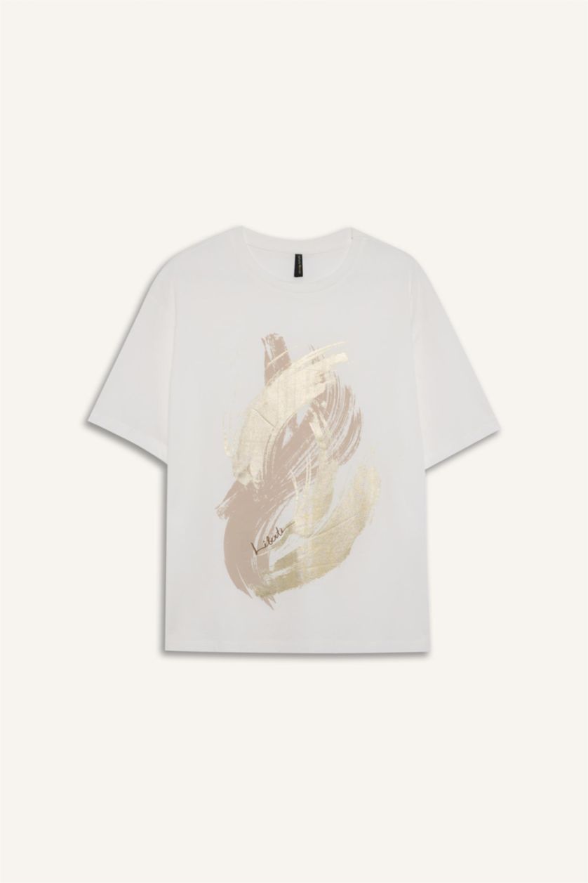 Kadın Ekru %100 Pamuk Regular Fıt Baskılı Penye Tişört