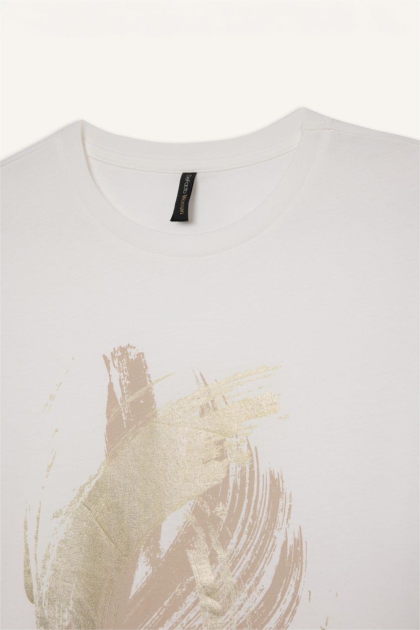 Kadın Ekru %100 Pamuk Regular Fıt Baskılı Penye Tişört