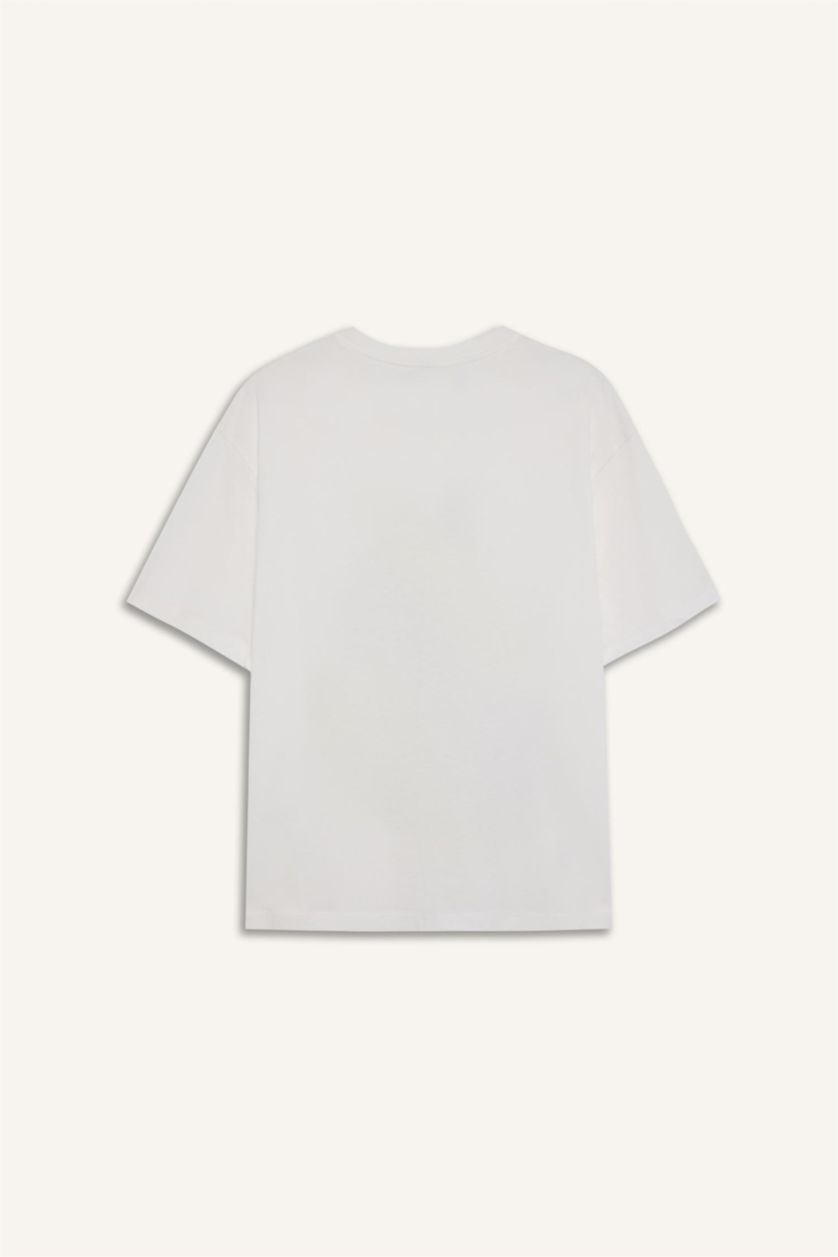 Kadın Ekru %100 Pamuk Regular Fıt Baskılı Penye Tişört