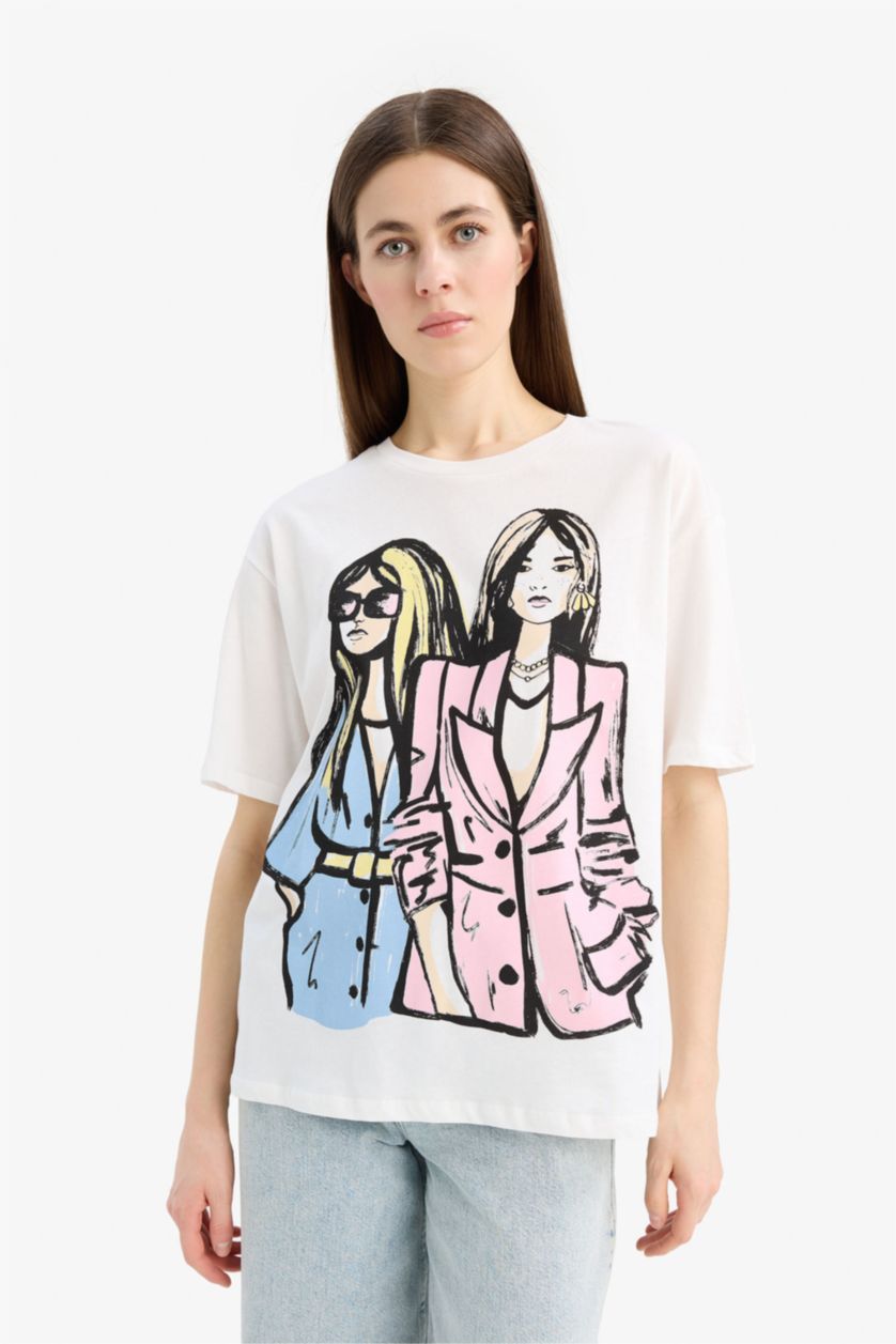 Kadın Ekru %100 Pamuk Regular Fıt Baskılı Penye Tişört