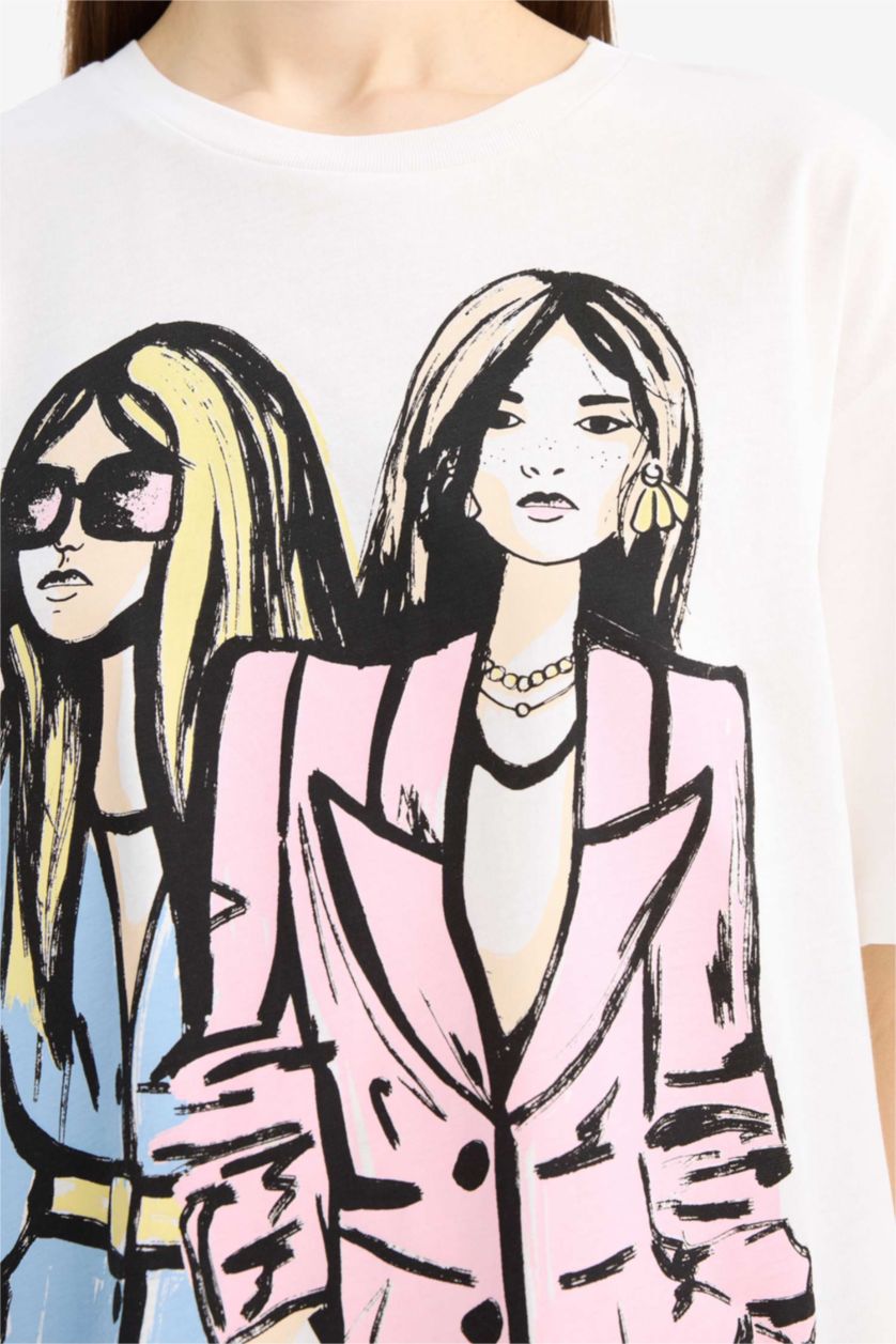 Kadın Ekru %100 Pamuk Regular Fıt Baskılı Penye Tişört