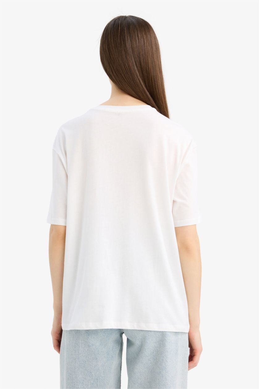 Kadın Ekru %100 Pamuk Regular Fıt Baskılı Penye Tişört