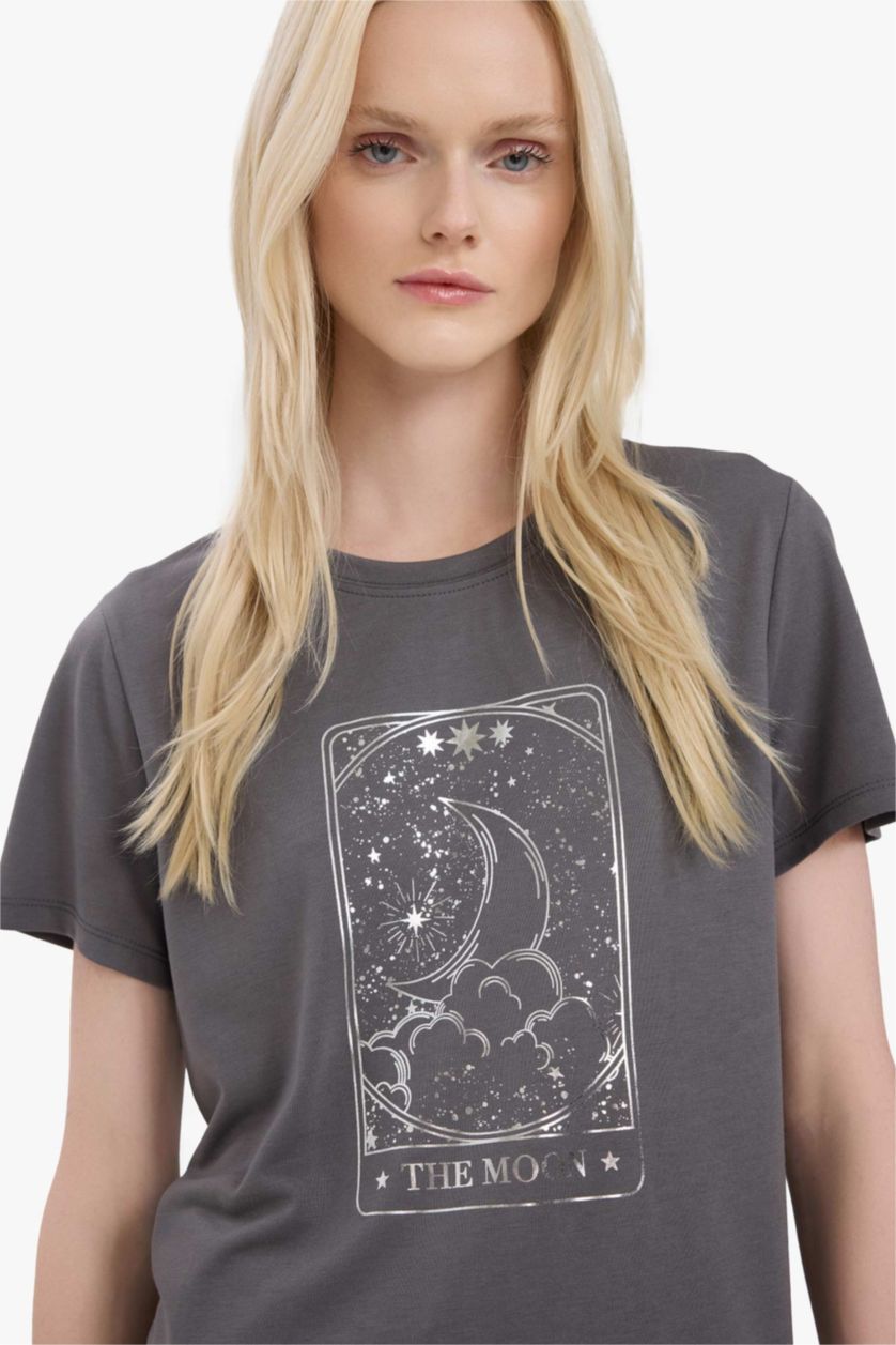 FEMME Gris T-shirt imprimé à col rond et manches courtes Coupe régulière