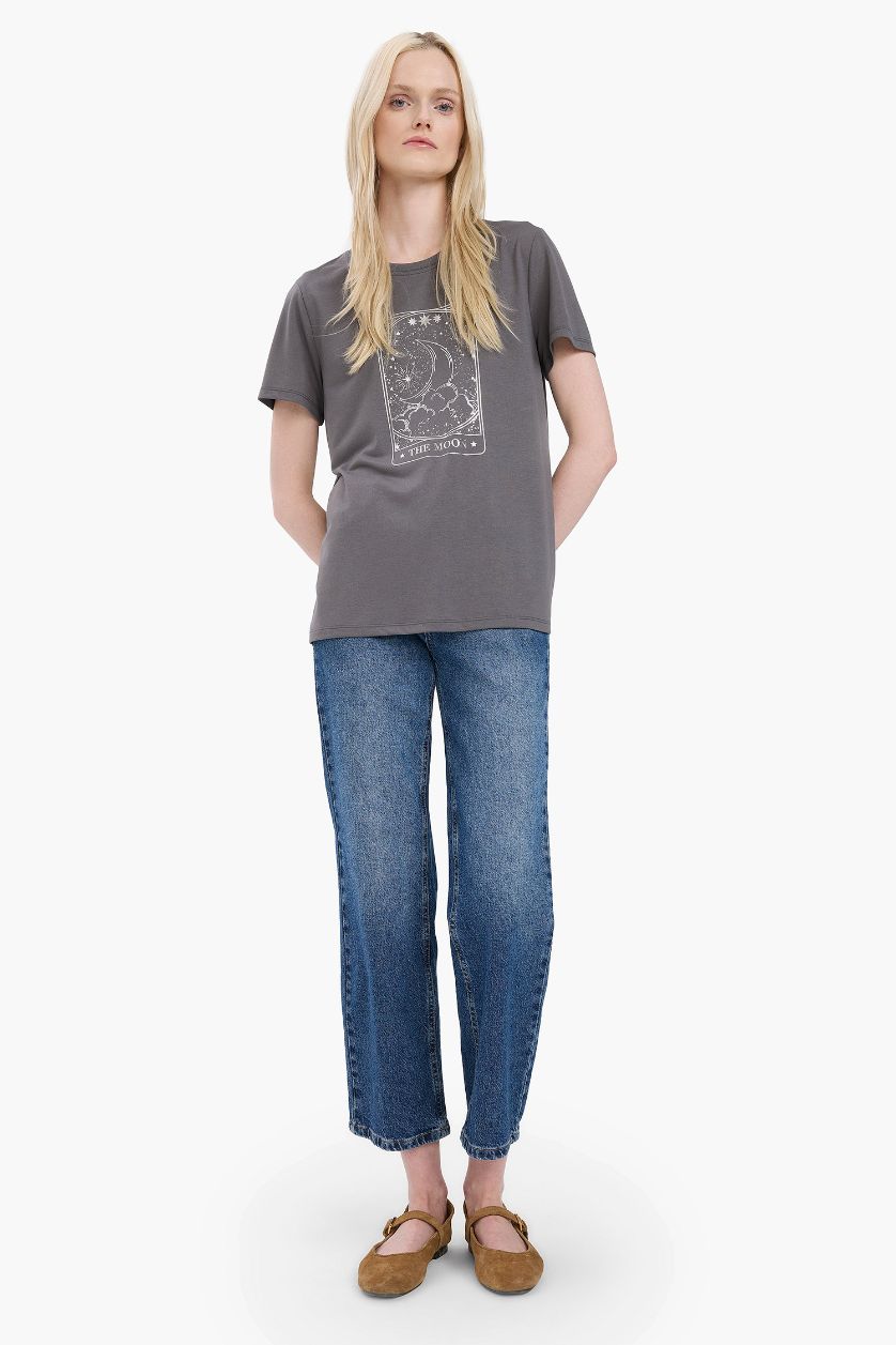 FEMME Gris T-shirt imprimé à col rond et manches courtes Coupe régulière