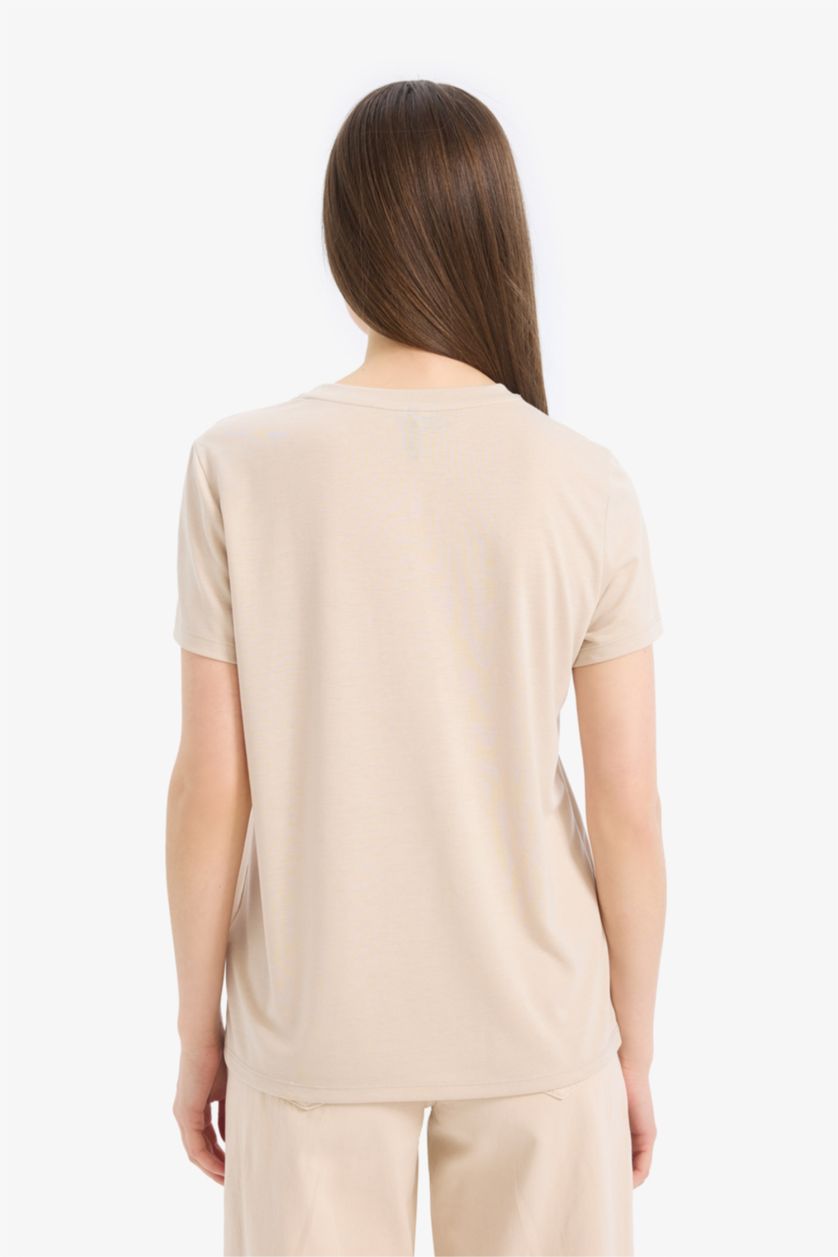 Kadın Kum Regular Fit Bisiklet Yaka Astral Baskılı Kısa Kollu Tişört