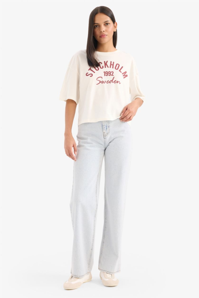 Kadın Ekru Oversıze Bisiklet Yaka Baskılı Penye Kısa Kollu Tişört