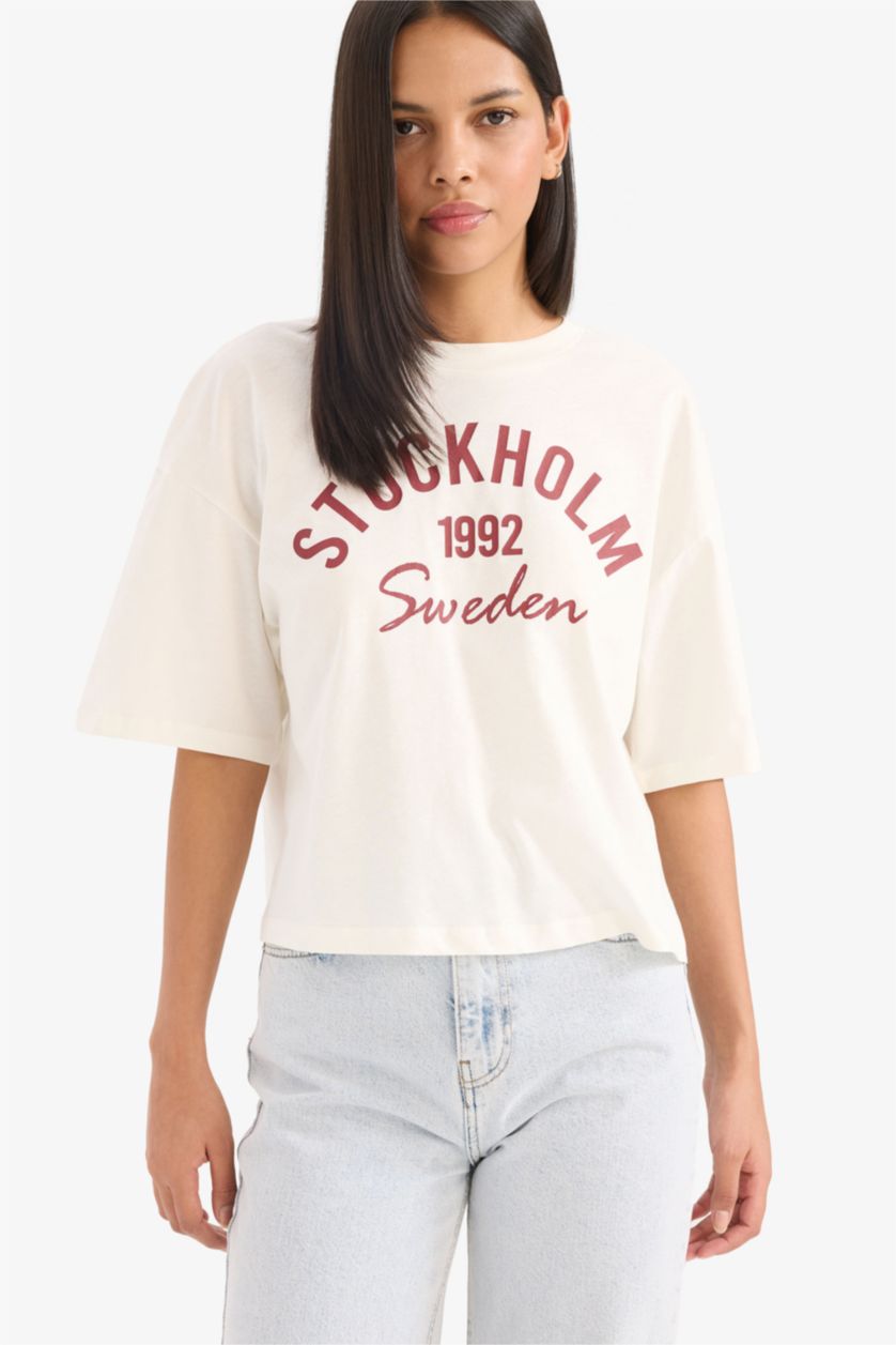 Kadın Ekru Oversıze Bisiklet Yaka Baskılı Penye Kısa Kollu Tişört