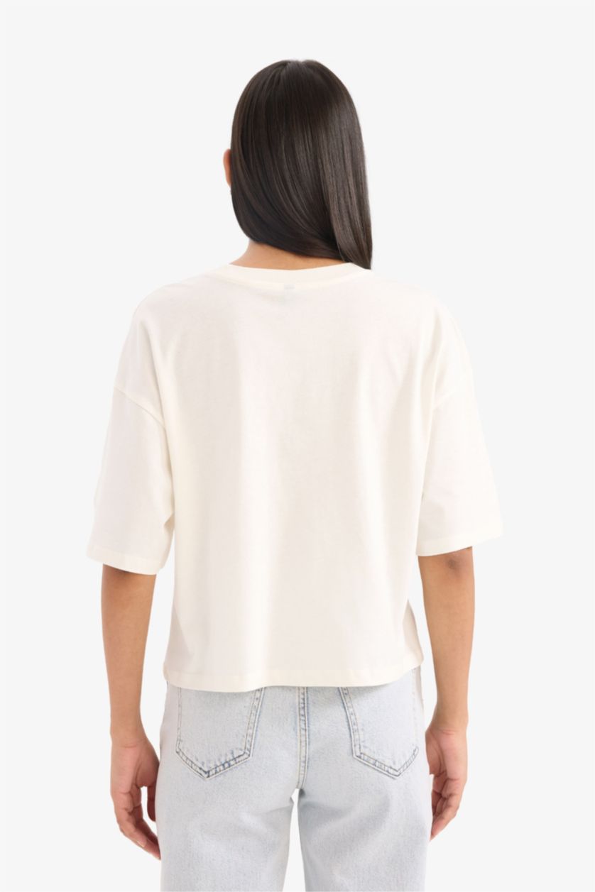 Kadın Ekru Oversıze Bisiklet Yaka Baskılı Penye Kısa Kollu Tişört