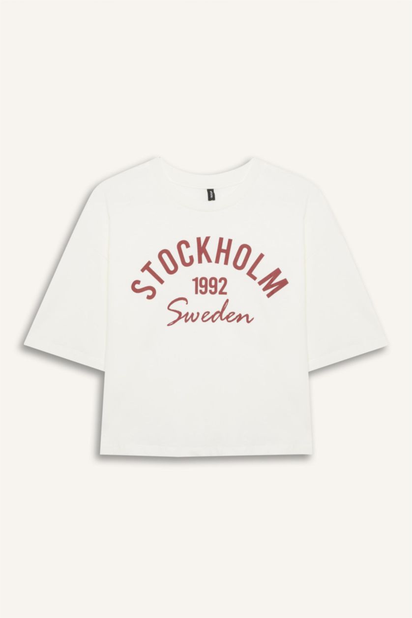 Kadın Ekru Oversıze Bisiklet Yaka Baskılı Penye Kısa Kollu Tişört