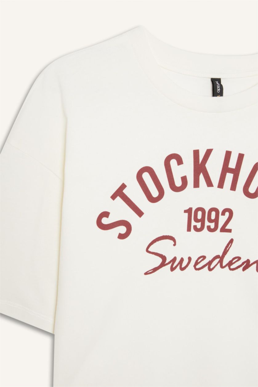 Kadın Ekru Oversıze Bisiklet Yaka Baskılı Penye Kısa Kollu Tişört