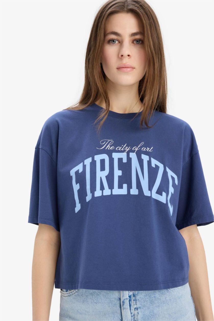 Kadın İndigo Oversıze Bisiklet Yaka Baskılı Penye Kısa Kollu Tişört