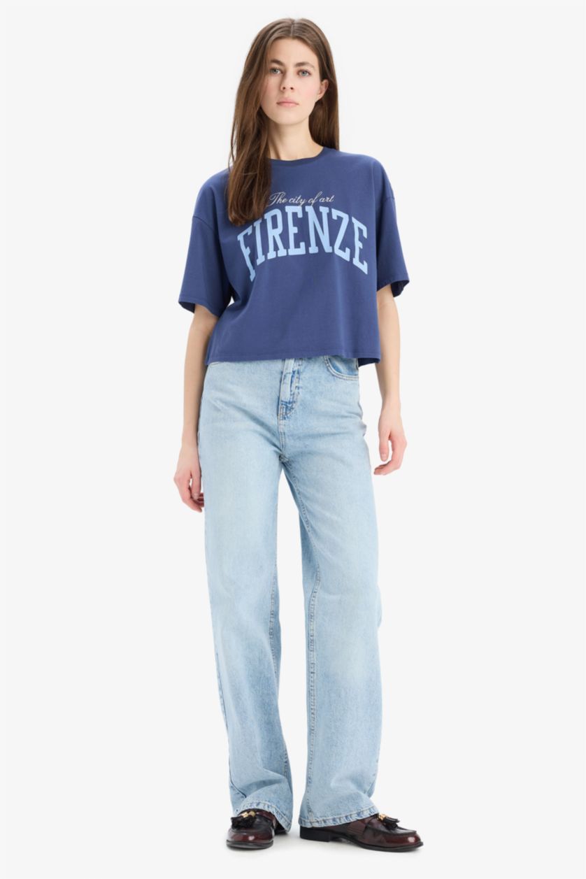 Kadın İndigo Oversıze Bisiklet Yaka Baskılı Penye Kısa Kollu Tişört