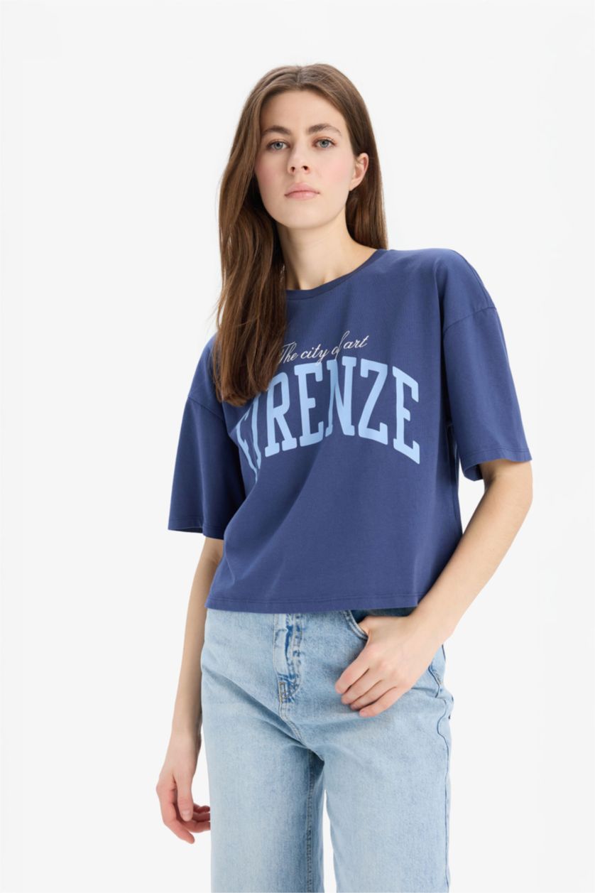 Kadın İndigo Oversıze Bisiklet Yaka Baskılı Penye Kısa Kollu Tişört